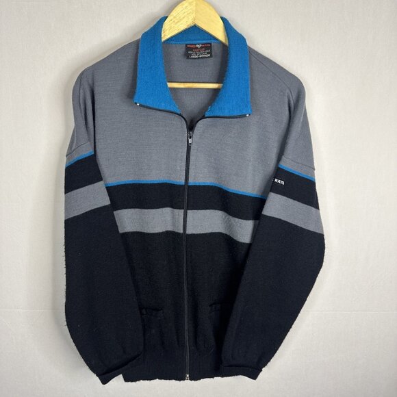 Vintage White Ram Men L Ramtuk Full Zip Wool Blend Sweater Jacket Gray Blue Ski - Picture 1 of 6